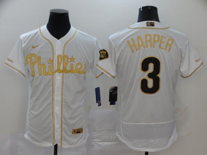Men Philadelphia Phillies #3 Harper White Retro gold character Nike MLB Jerseys->women mlb jersey->Women Jersey